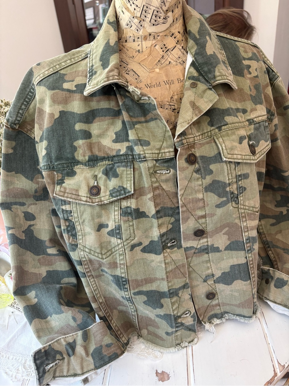 Free People Green Camo Distressed Denim Jacket